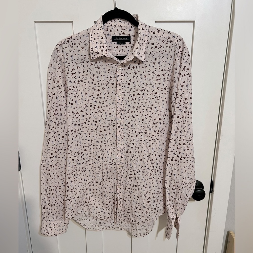 Zara Men’s Floral Slim Fit Button Up Dress Shirt Pink Size Large